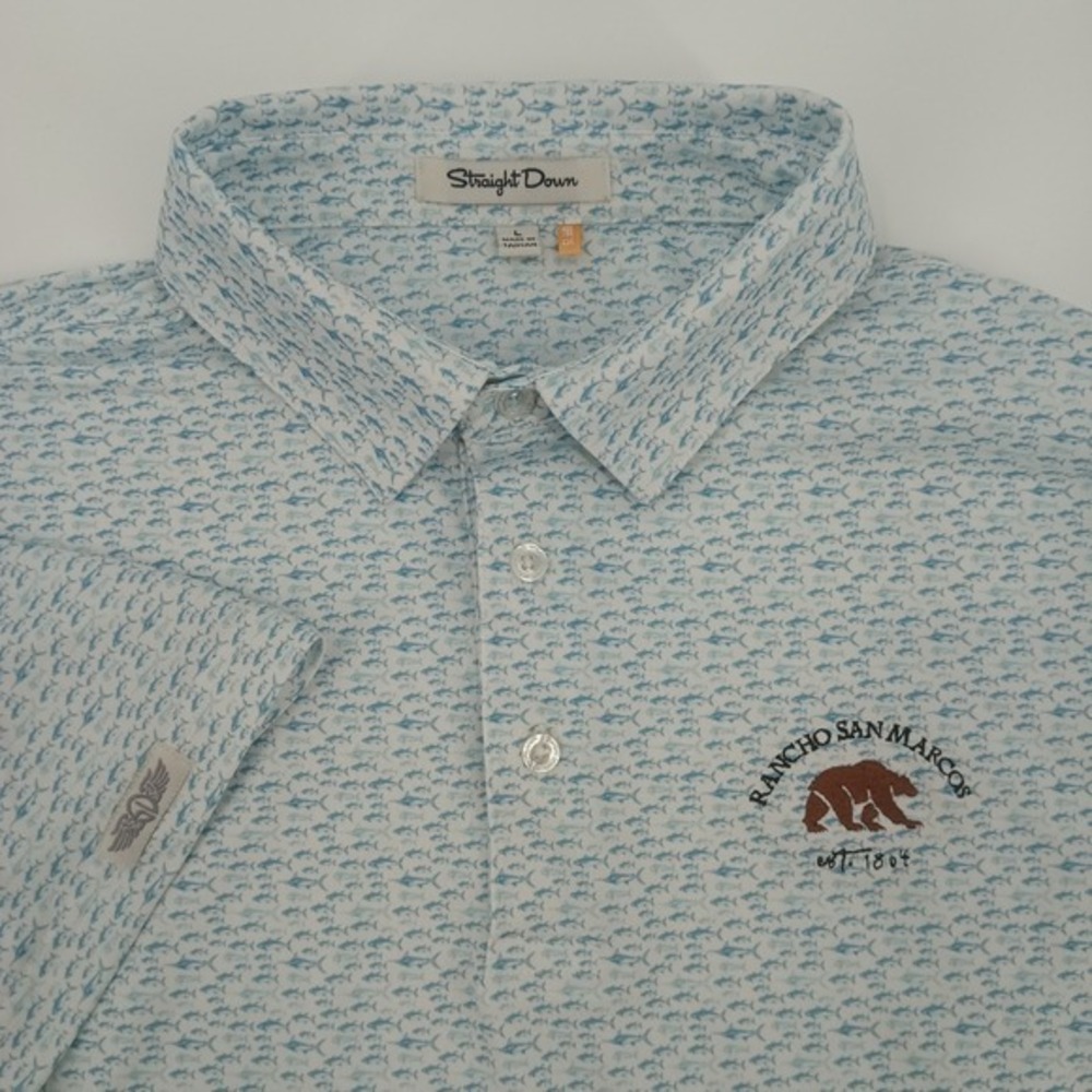 Straight Down Mens Golf Polo Shirt Blue Fish Print Rancho San Marcos Bear Large